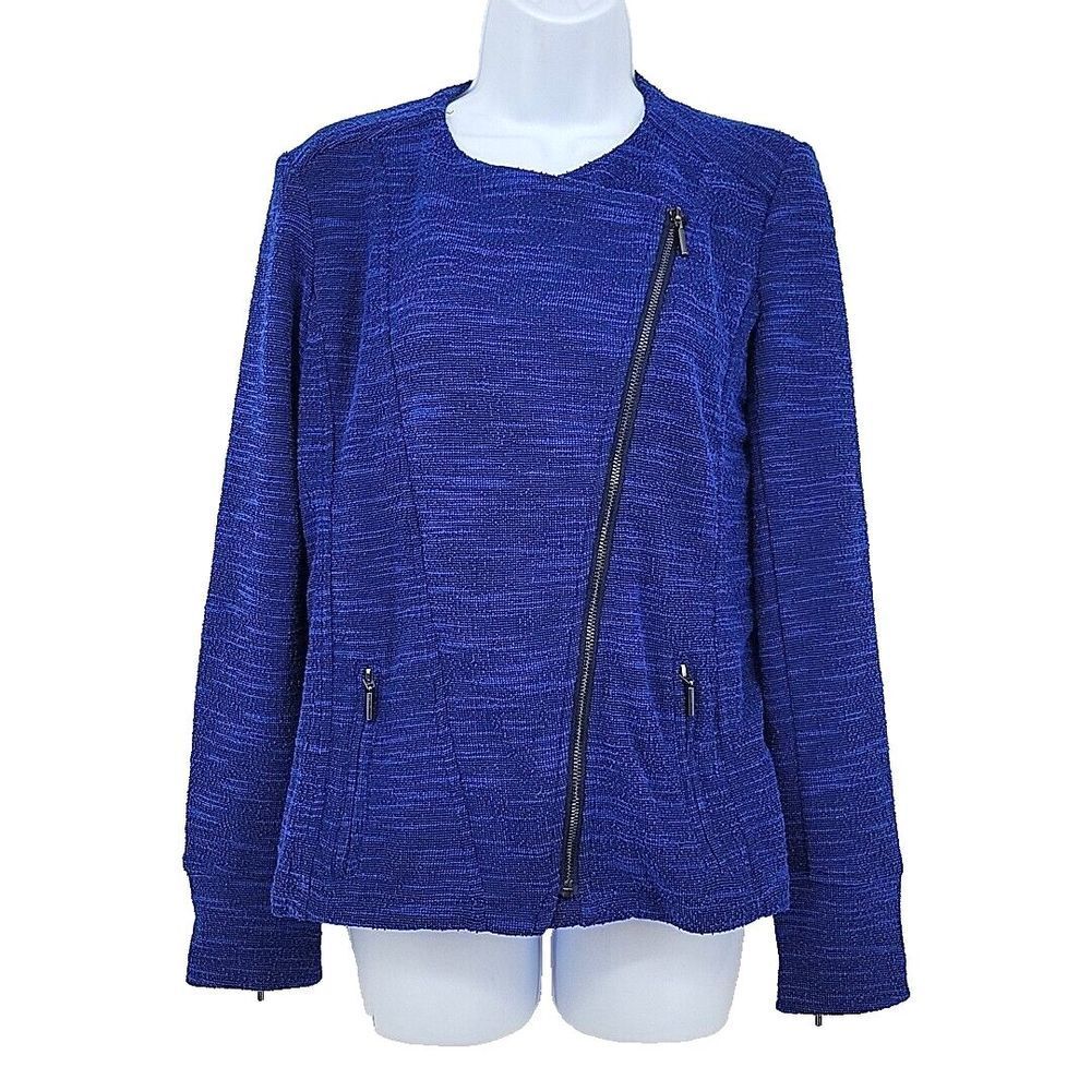 H by Halston Womens Tweed Jacket Size 6 Blue Zippers Asymmetrical Stretchy